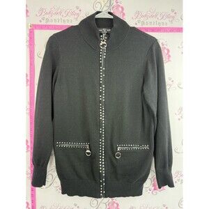 Cyc Stud-Trim Zip Front Knit Jacket / sweater/ shirt rhinestone Black 2 pockets